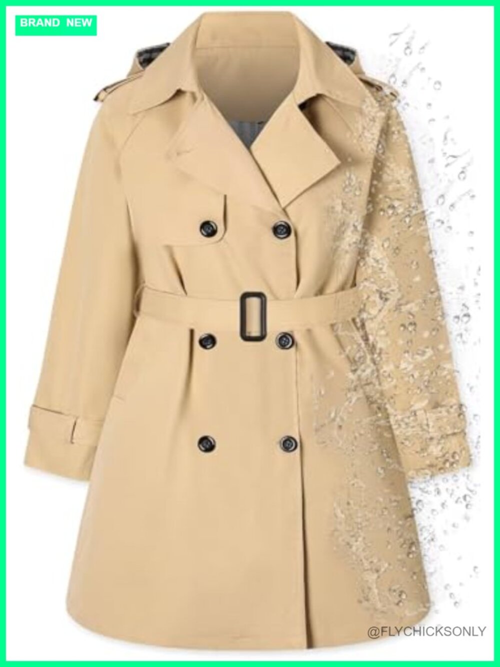Women's Waterproof Hooded Trench Raincoat Double-Breasted Mid-Length